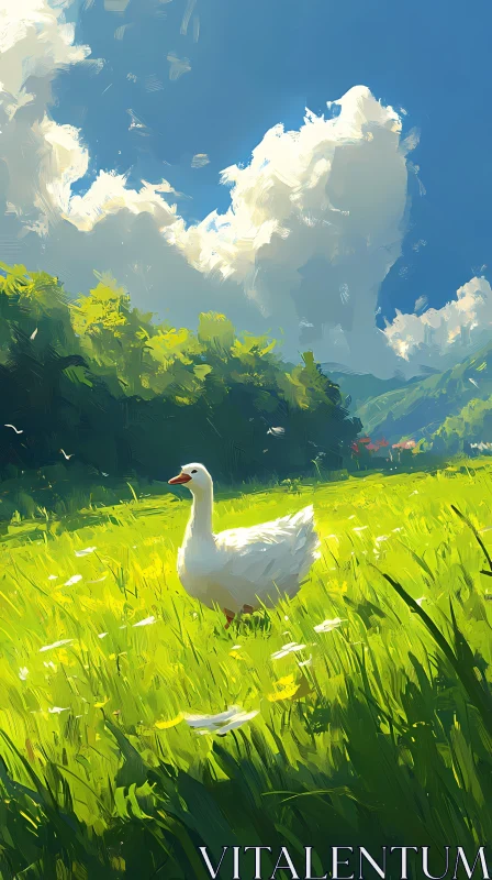 Peaceful Landscape with a White Goose AI Image