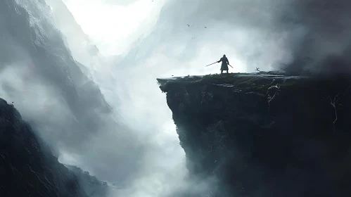 Silhouette of Warrior in Mountain Fog