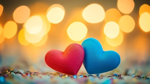 Pink and Blue Hearts with Bokeh Lights