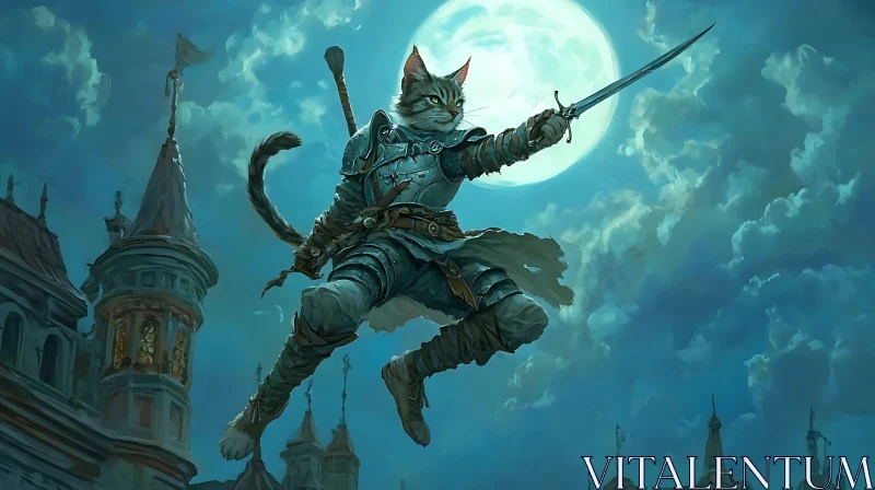 Armored Cat Warrior Under Moonlight AI Image