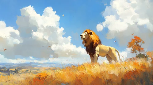 Lion and Serene Savannah Landscape
