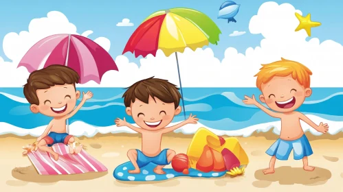 Cartoon Kids Enjoying Summer Vacation