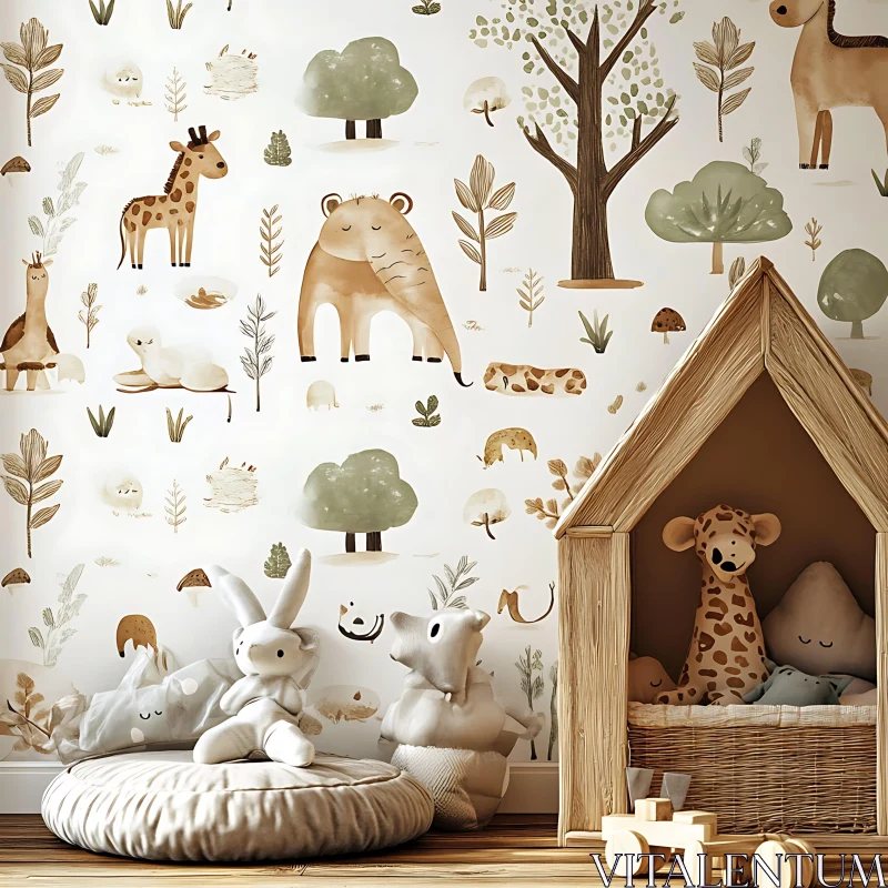 Playful Animal Wallpaper in Cozy Nursery AI Image