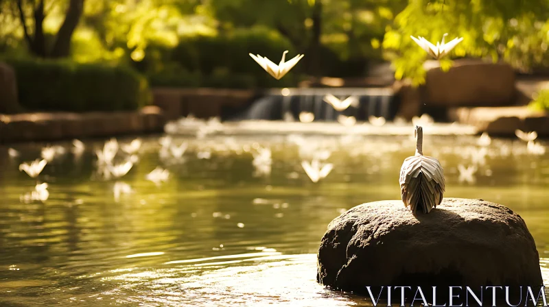 Paper Cranes at the Water Garden AI Image