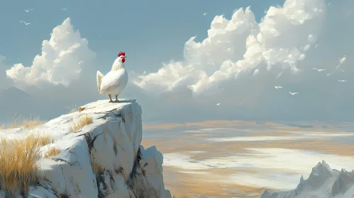 Majestic White Chicken in Cloudy Landscape