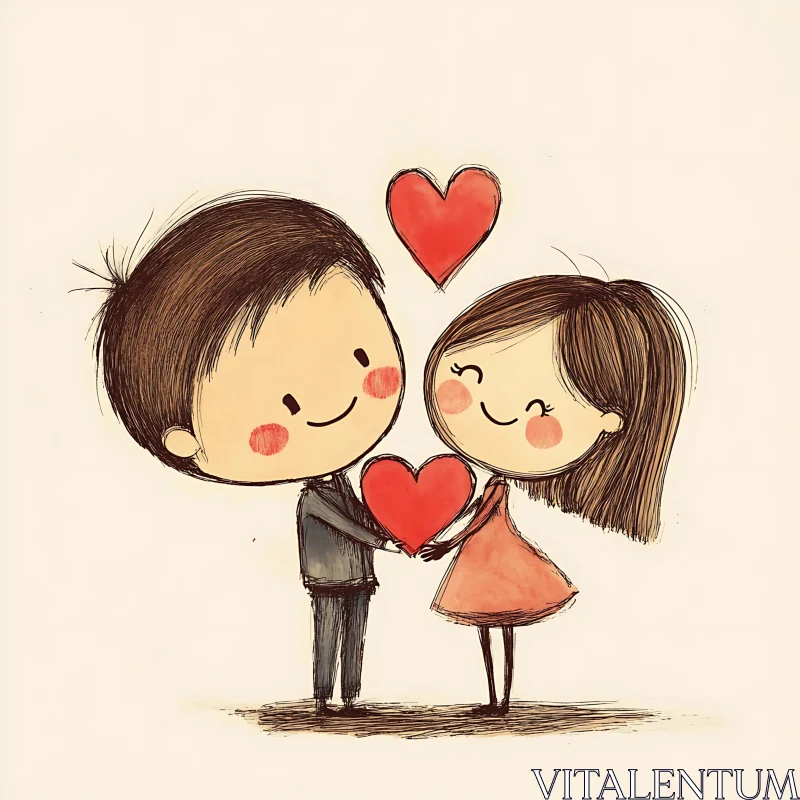 Heartfelt Cartoon Illustration of Boy and Girl AI Image