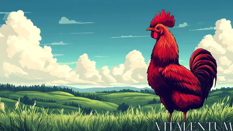 Serene Countryside Scene with Rooster AI Image