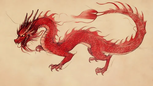 Crimson Dragon Illustration on Beige Backdrop