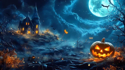 Halloween Night Scene with Pumpkin and Moon