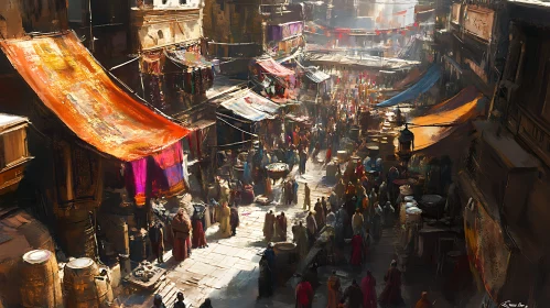 Crowded Bazaar Street in Ancient City