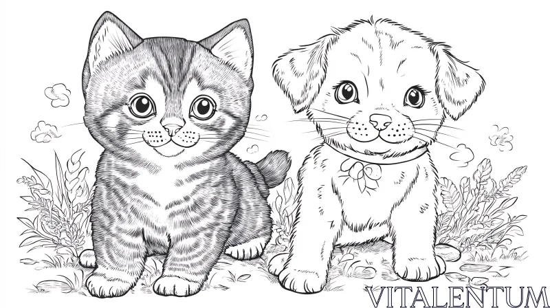 AI ART Cute Kitten and Puppy Drawing