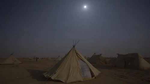 Moonlit Tents in Sandy Desert