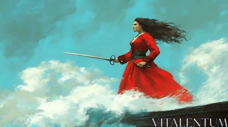 Woman Warrior in Red Dress AI Image