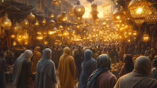 Bustling Market Scene Under Warm Lanterns