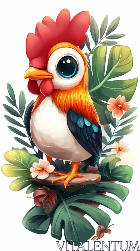 Playful Illustrated Rooster and Leaves AI Image