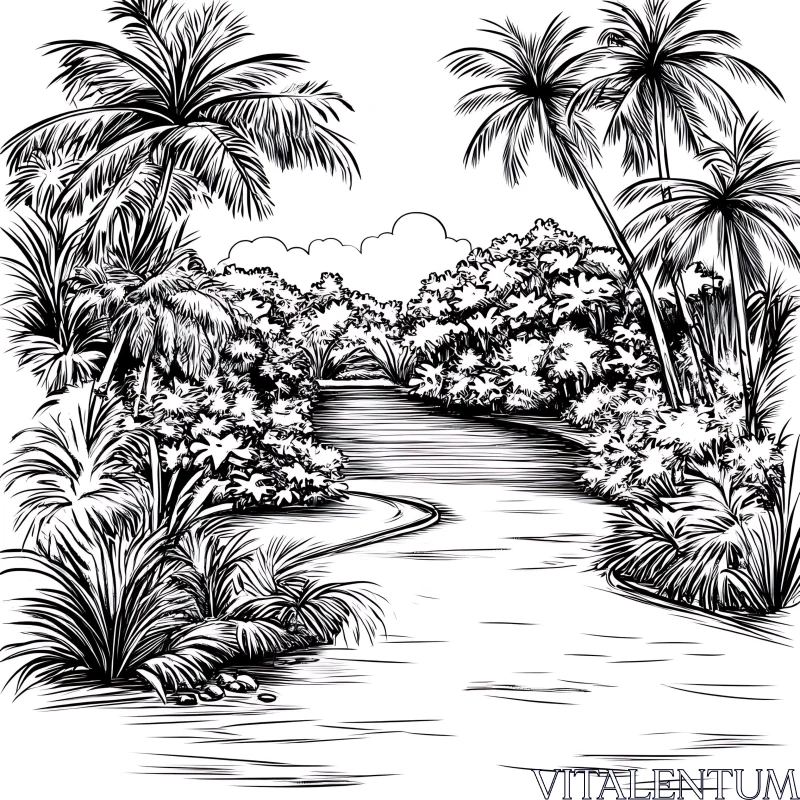 Monochrome Forest River Drawing with Lush Foliage AI Image