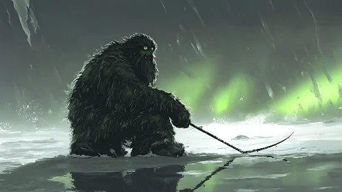 Furry Monster with Branch on Snow