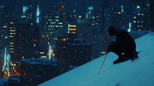 Snowy Rooftop View with Katana