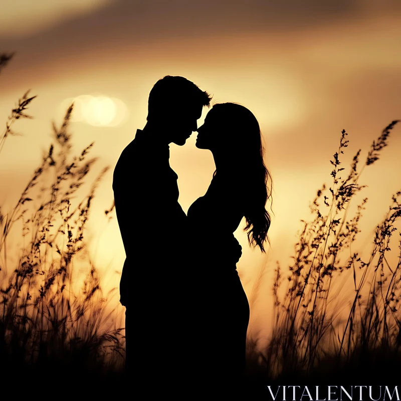 Sunset Silhouette: A Couple's Tender Embrace AI Image