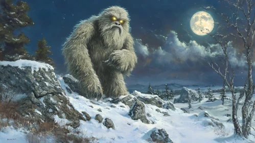 Snowy Mountain Yeti Under Full Moon