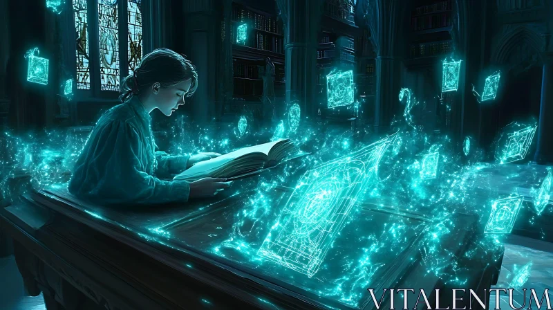 Glowing Book in Ancient Library AI Image