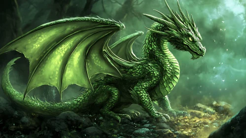 Green Dragon Perched on Rocks