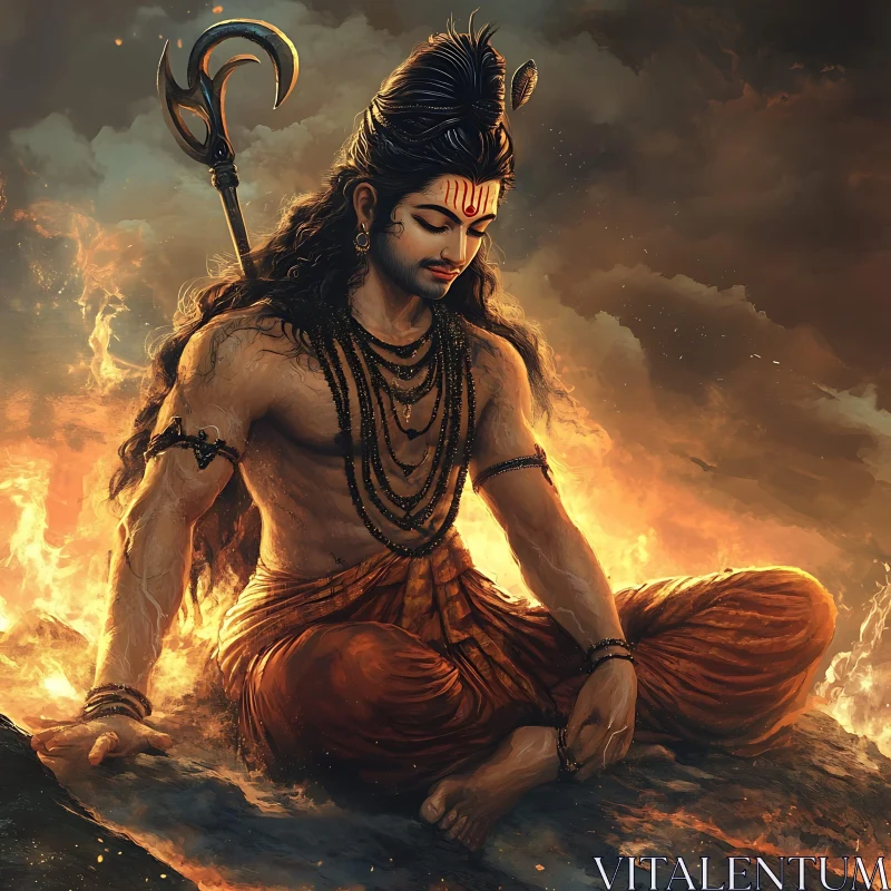 Meditative God in Fiery Landscape AI Image