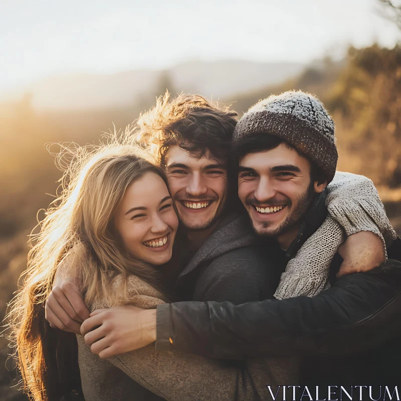 Three Friends, Golden Light, Happy Faces AI Image