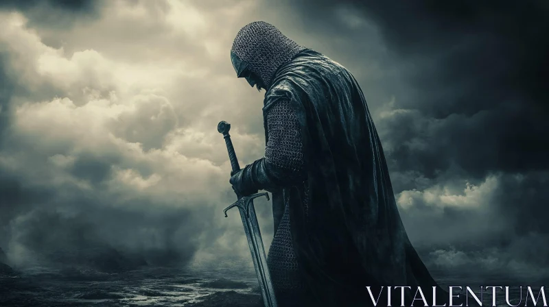 Medieval Warrior with Sword in Dark Setting AI Image