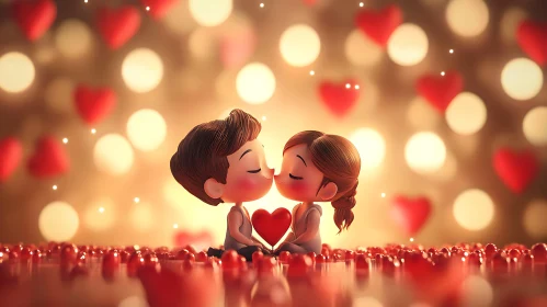 Cartoon Couple in Love with Hearts