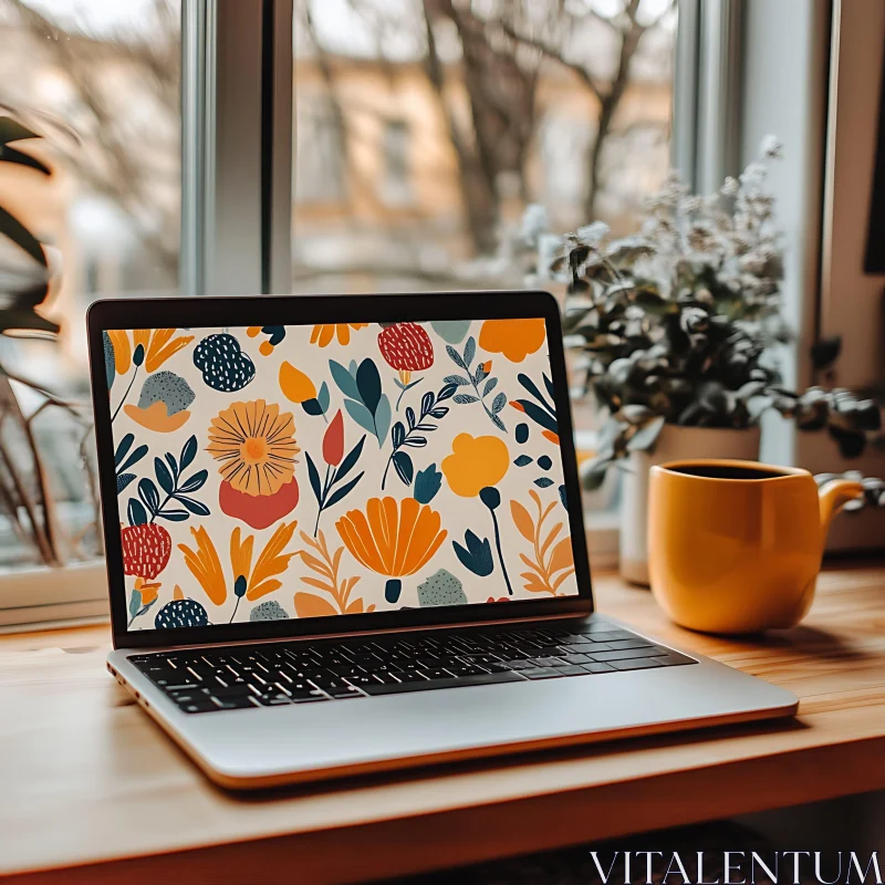 Floral Laptop Screen in a Cozy Indoor Setting AI Image