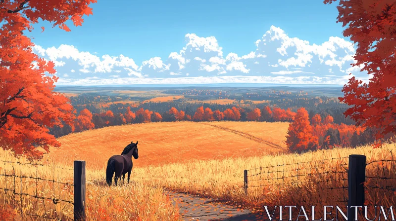 Scenic Autumn Fields with a Black Horse AI Image