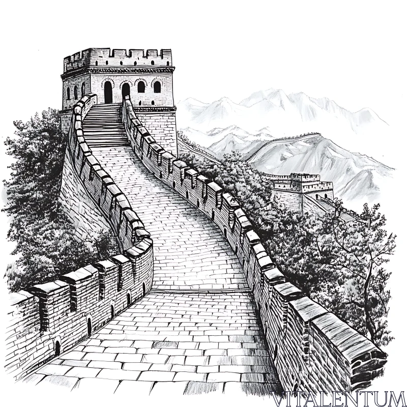 AI ART Ink Drawing of the Great Wall