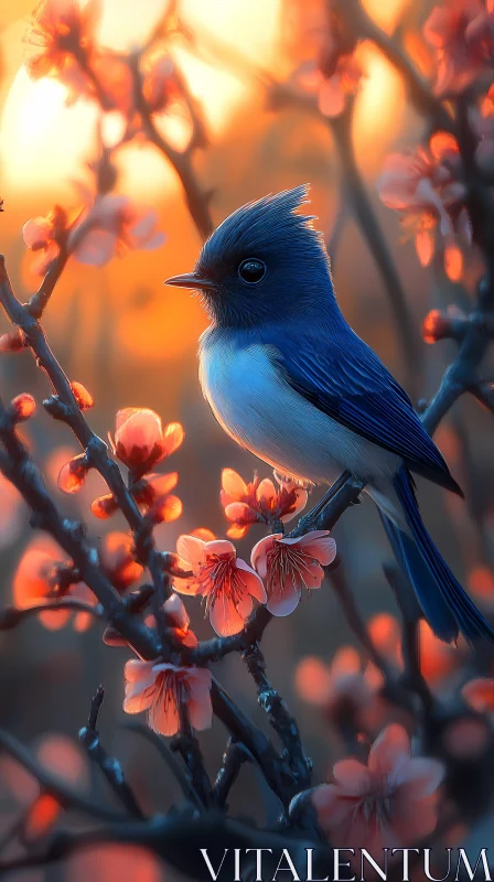 Blue Bird and Blossoms at Dusk AI Image