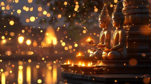 Golden Buddha Statues in Tranquil Setting