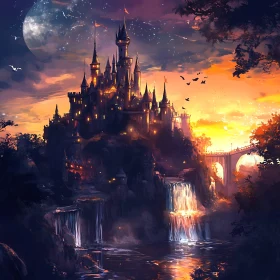 Fantasy Castle with Waterfalls and Sunset