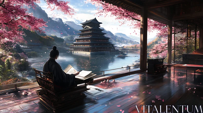 Asian Temple and Reader by the Lake AI Image