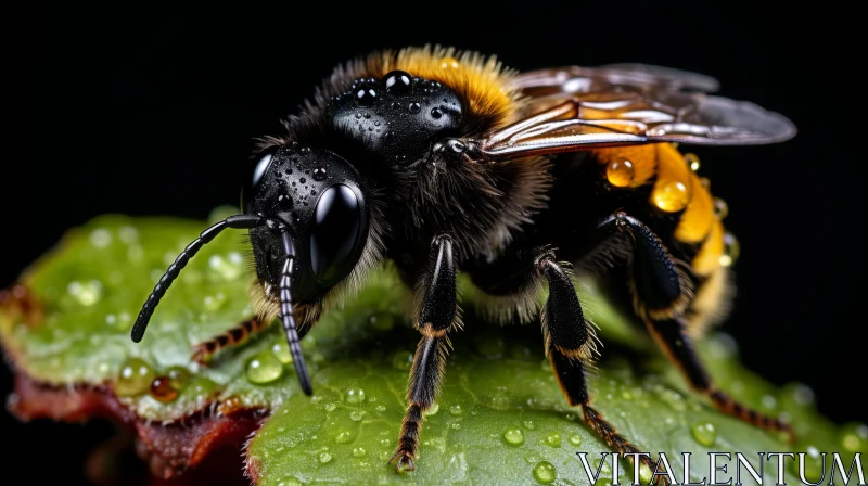 Black Bumble Bee on Dew-Kissed Leaf - Emotive Nighttime Portrait AI Image
