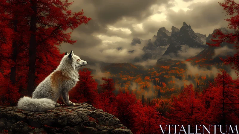 Enigmatic Fox in Red Forest AI Image