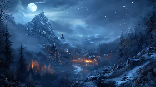 Snowy Mountain Village at Night