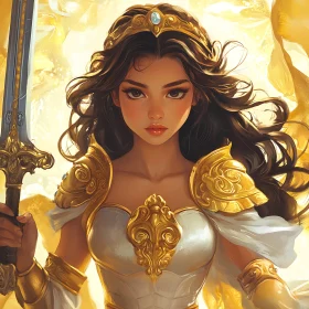 Female Warrior in Gold Armor Holding Sword