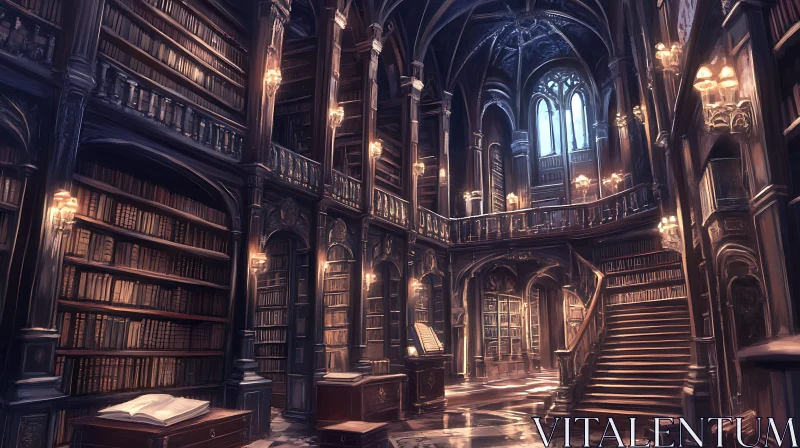 Vintage Library Hall with Books and Window AI Image