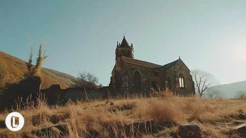 Captivating Image of an Old Church in a Grassy Field and Majestic Mountains