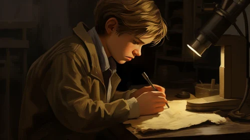 Captivating Realistic Illustration: Boy Writing a Letter with a Flashlight