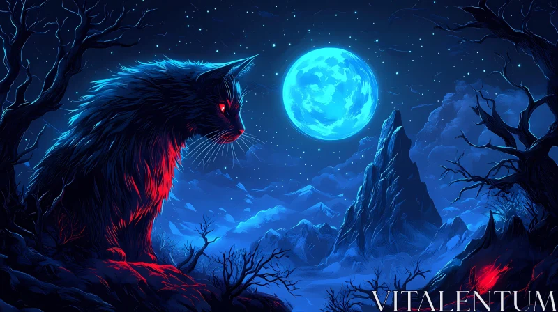 Mysterious Moonlit Night with a Cat AI Image