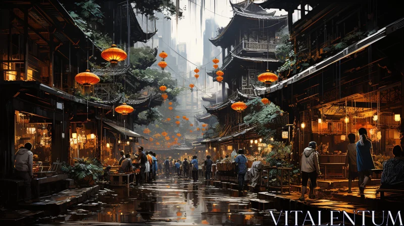 Luminous Lanterns in Ancient Asian City AI Image