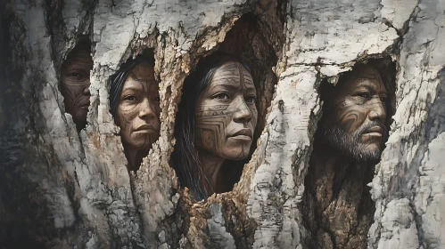 Tribal Faces Emerging from Tree Bark