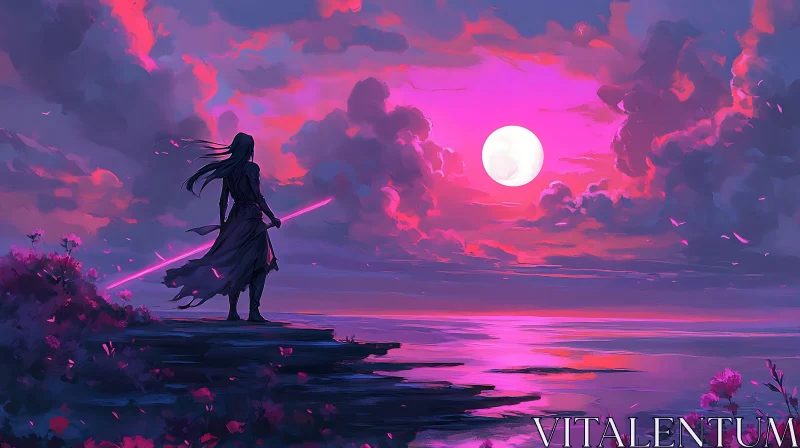 Fantasy Seascape with Warrior and Moon AI Image