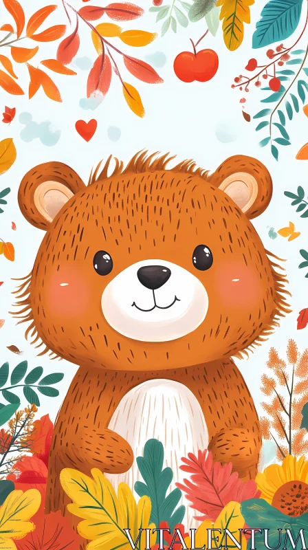 Cute Bear with Fall Foliage AI Image