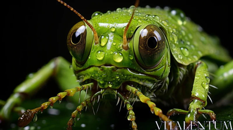 Engaging Portrayal of Green Grasshopper amidst Raindrops AI Image